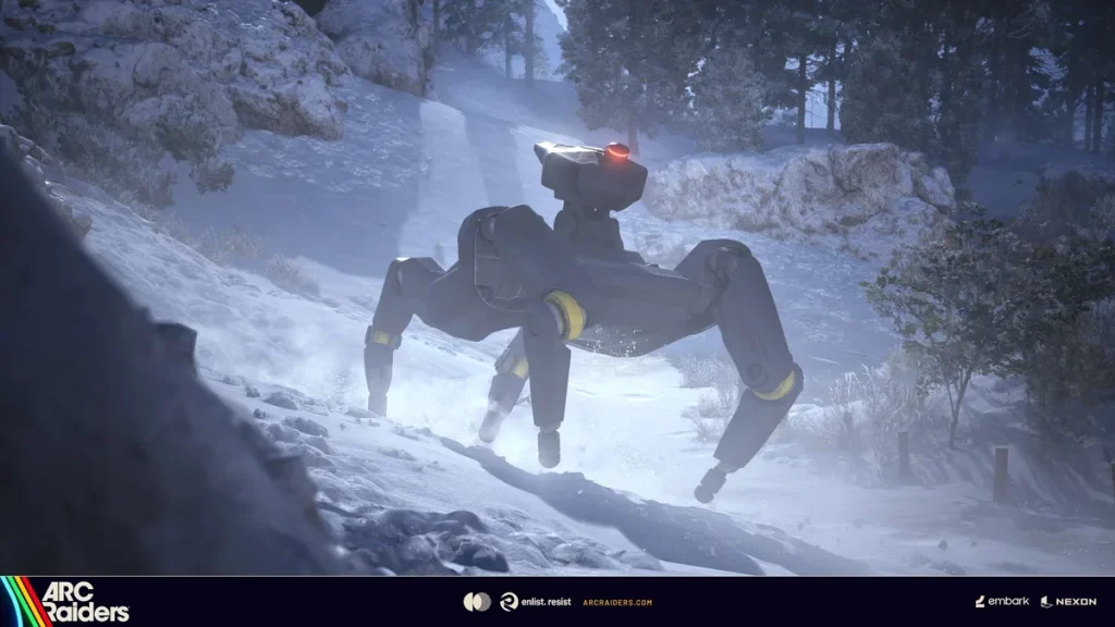 Robots cuadrúpedos en un paisaje nevado de la actualización Frozen Trail de ARC Raiders