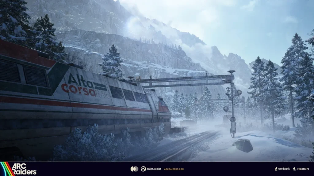 Tren Alta Corsa Rail entre montañas nevadas de ARC Raiders