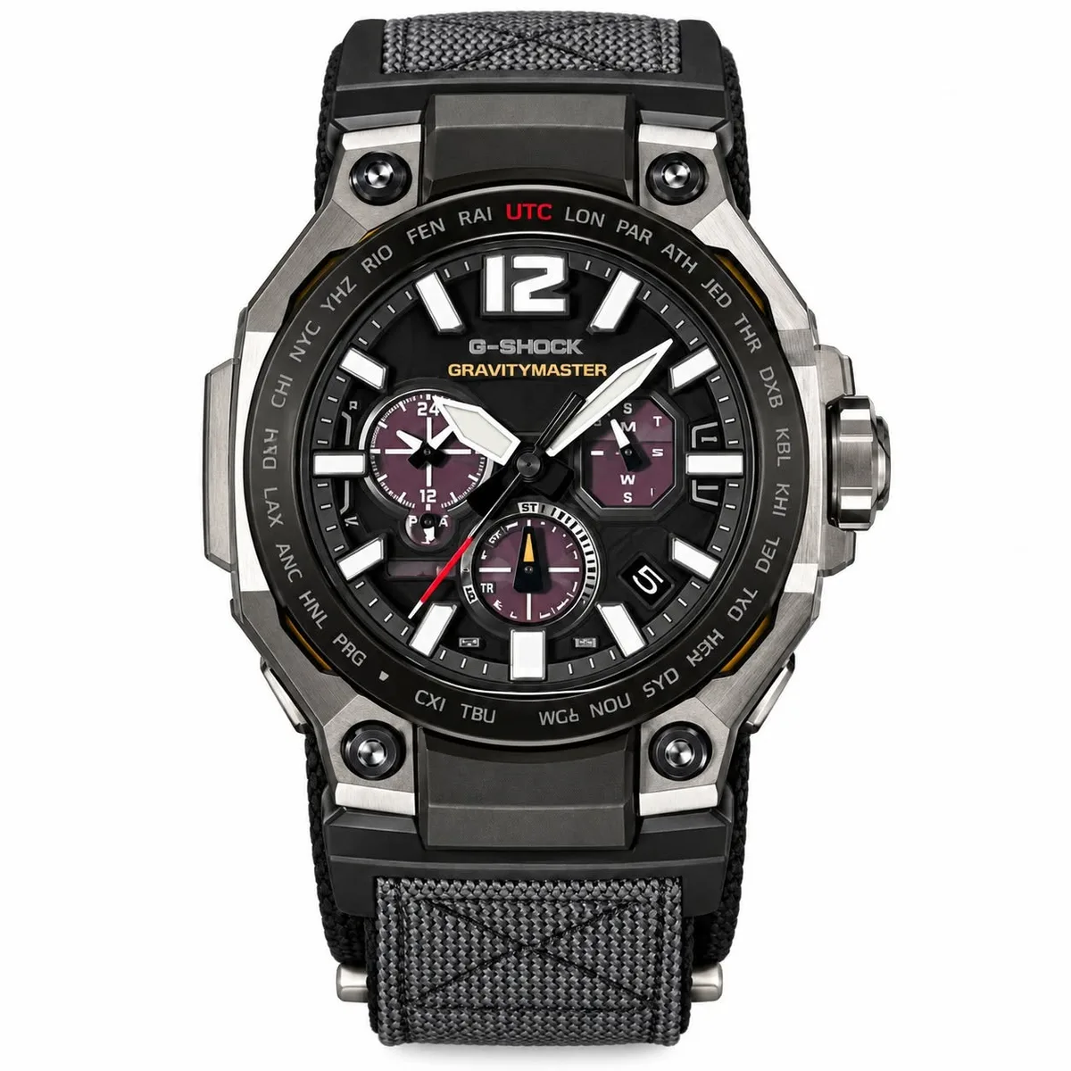 G-Shock Gravitymaster de piloto con correa de tela gris y esfera negra con subesferas moradas