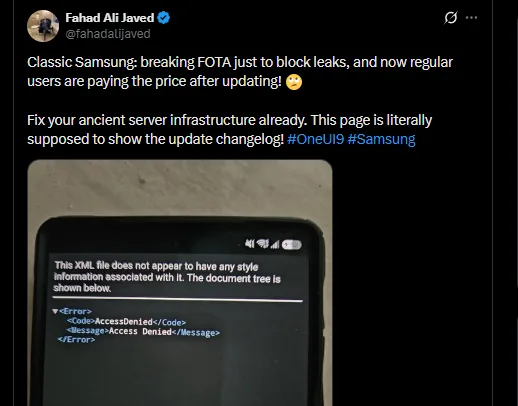 Aviso de la actualización One UI 9.0 en un Galaxy A57, cuyo arranque se queda atascado en algunos equipos