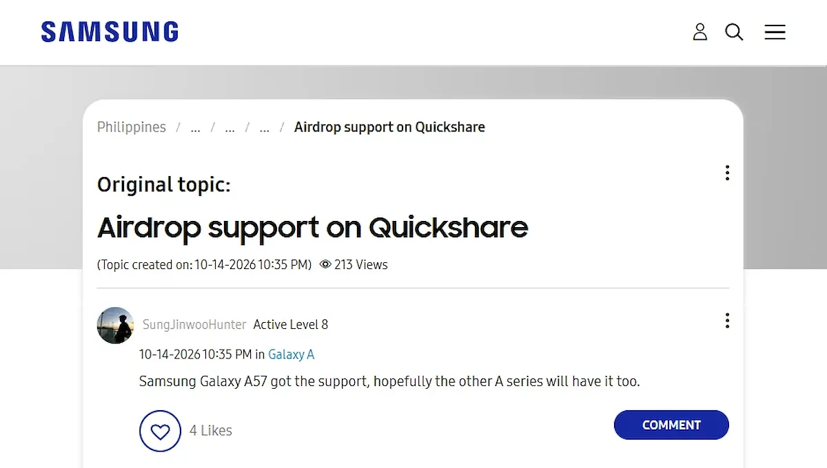 Los Galaxy A57 y A56 incorporan AirDrop con la actualización One UI 9.0