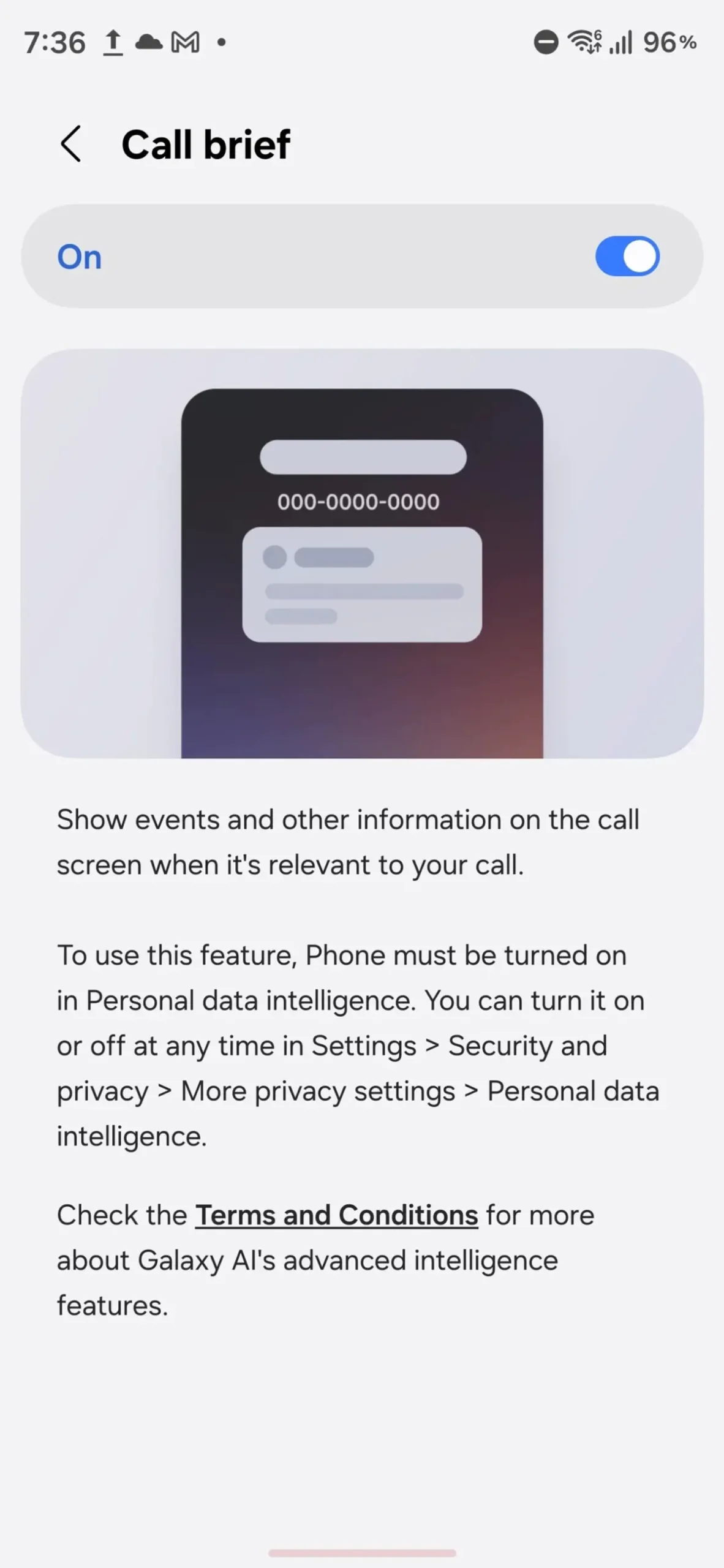 Galaxy AI Call Brief settings menu