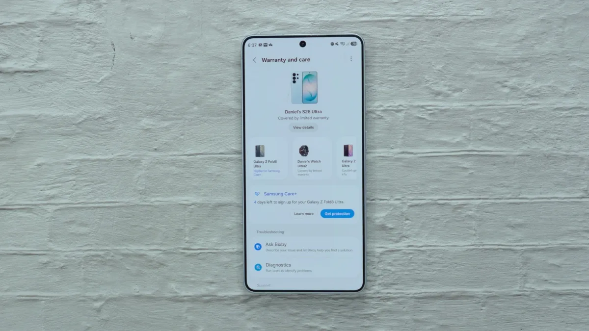 Warranty and care menu on One UI 9