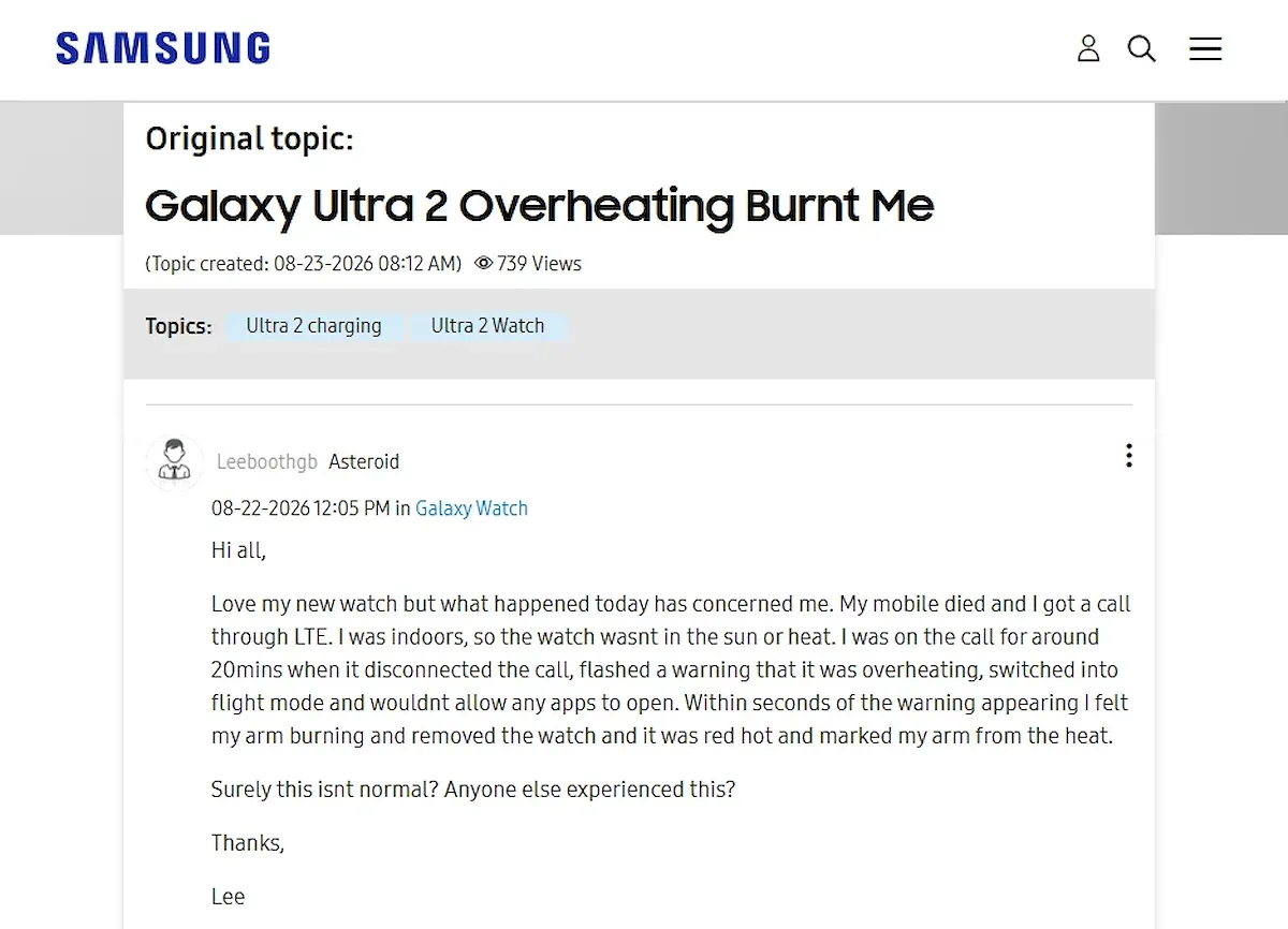 Un Galaxy Watch 5 Pro con la batería agotada tras vaciarse durante la noche