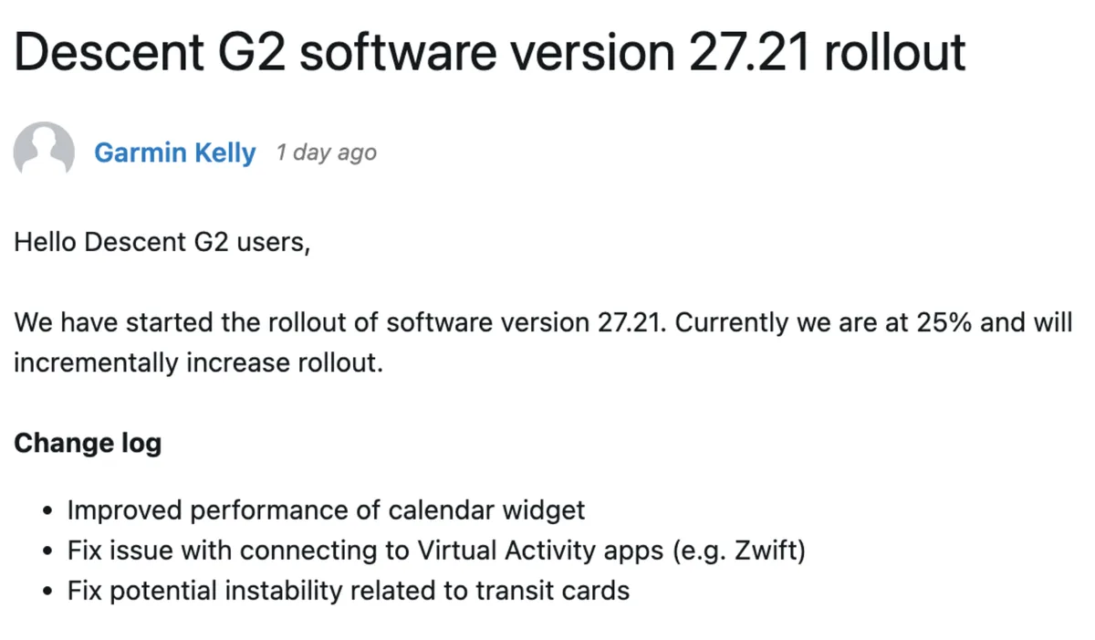 Reloj Garmin Descent G2 que recibe la actualización 27.21 con mejoras en tarjetas de transporte y Zwift