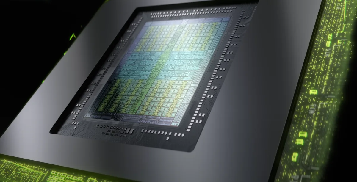 Render del chip gráfico de la GeForce RTX 5080 24GB de NVIDIA, con su die y circuitería en tonos verdes