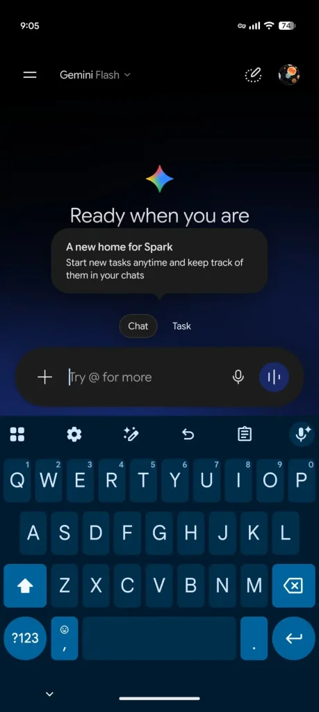 Pantalla de Gemini en Android con la función Spark llegando al chat