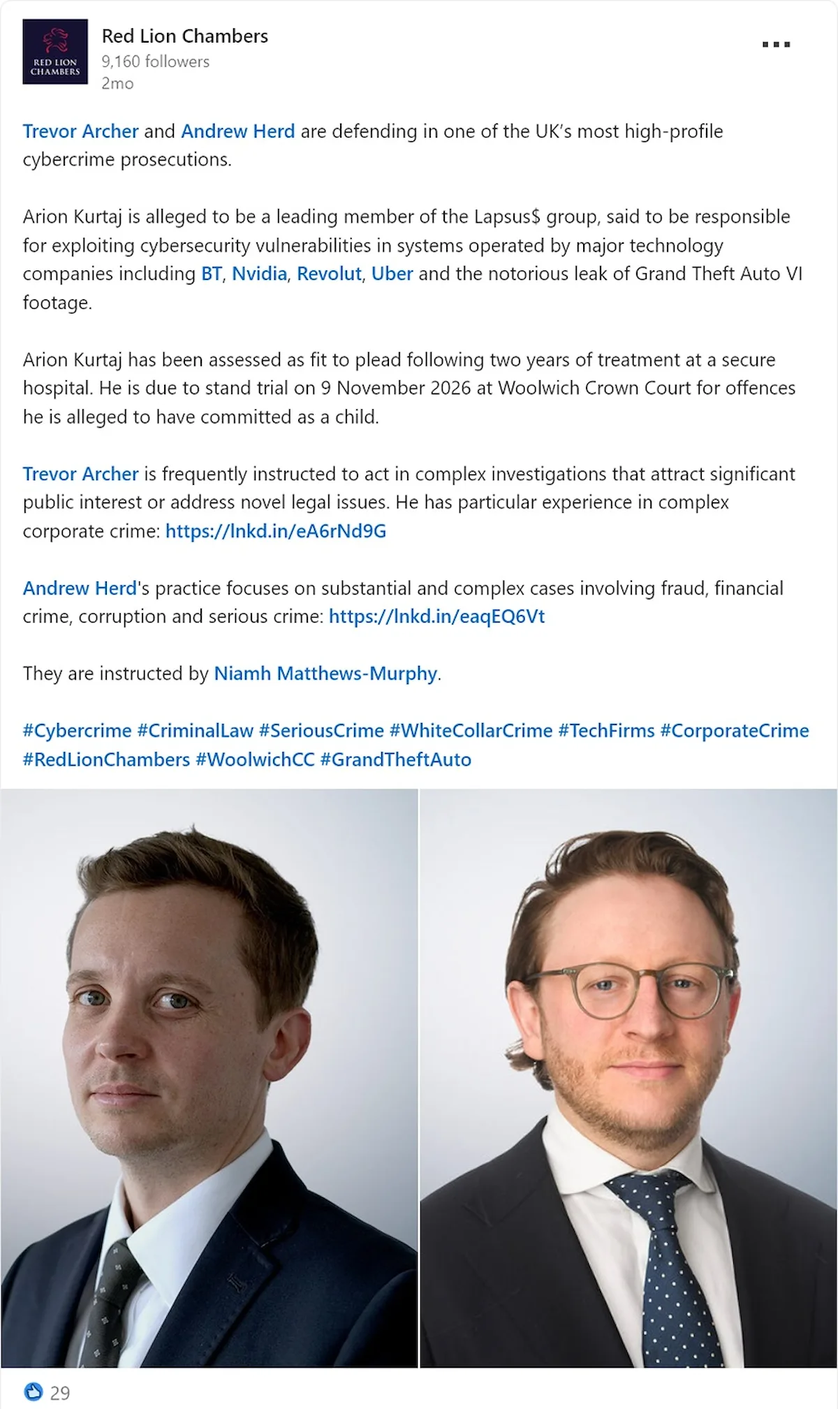 Captura del anuncio de Red Lion Chambers sobre el juicio del hacker de GTA 6 Arion Kurtaj