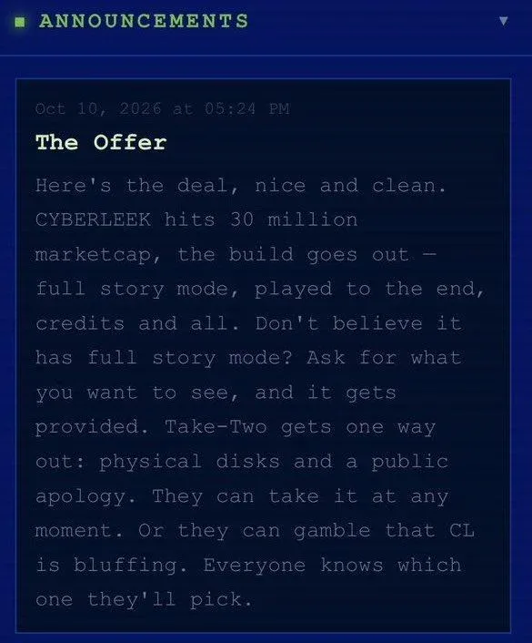 GTA 6 CyberLeek memecoin — CyberLeek amenaza con filtrar una build jugable de GTA 6 si Take-Two no recupera los discos