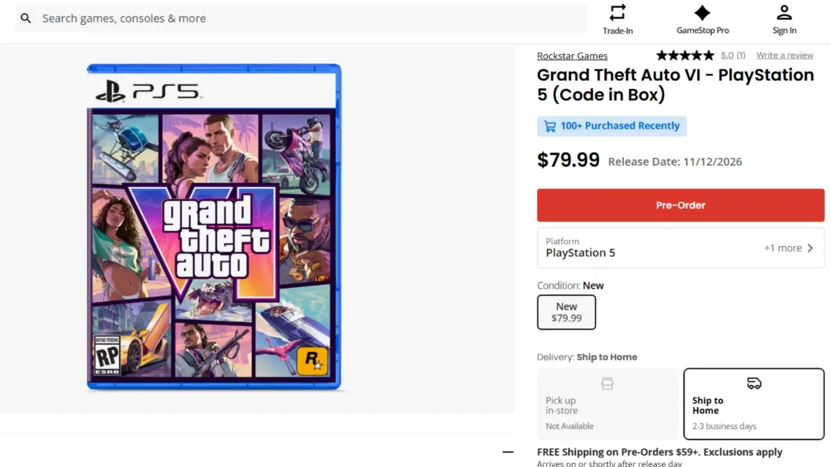 GTA 6 PS5 GameStop physical edition listing.