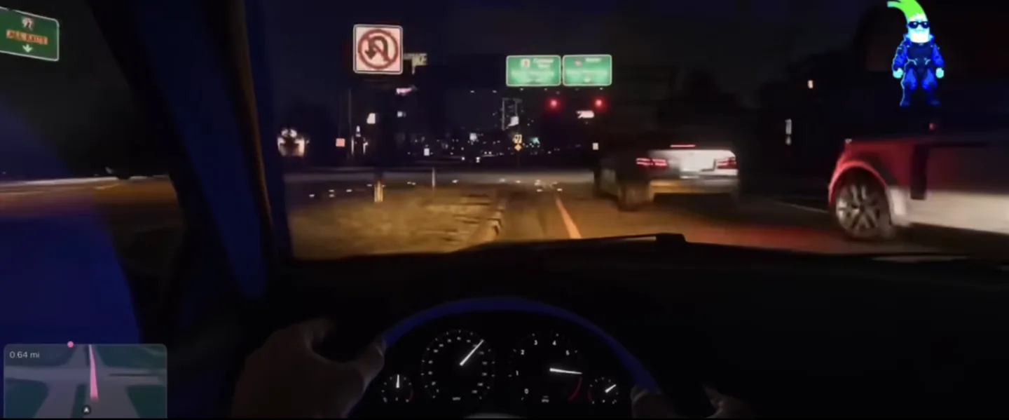 Vista en primera persona al volante de un coche de noche en la filtración de GTA 6