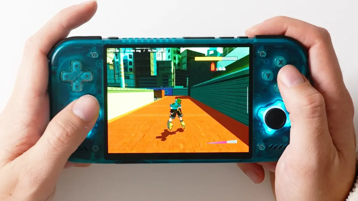 Portátil Android azul translúcido ejecutando con hakuX 1.2 un juego de patinaje con contador de fotogramas