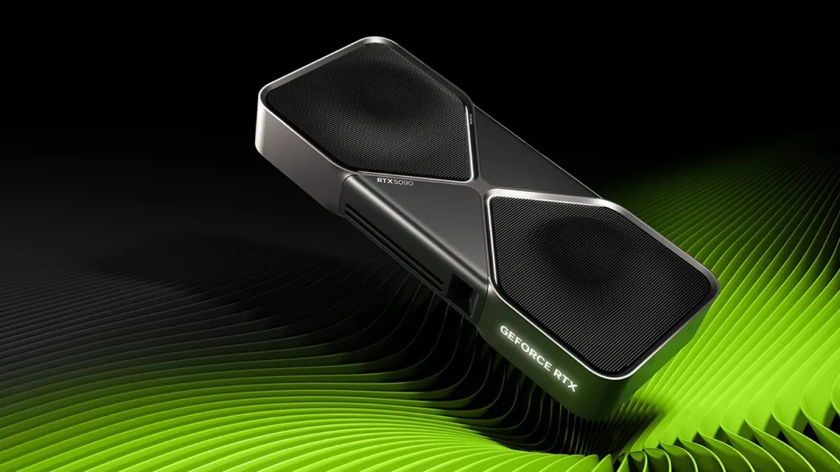 Tarjeta gráfica NVIDIA GeForce RTX en ángulo sobre fondo negro con gráficos verdes, relacionada con Hardware Unboxed y SCSKiller