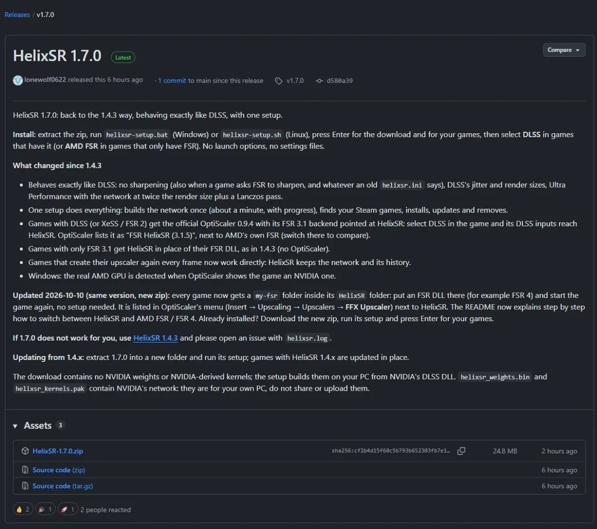 Página de GitHub con la versión 1.7.0 de HelixSR, notas de actualización, instrucciones de instalación y archivos descargables