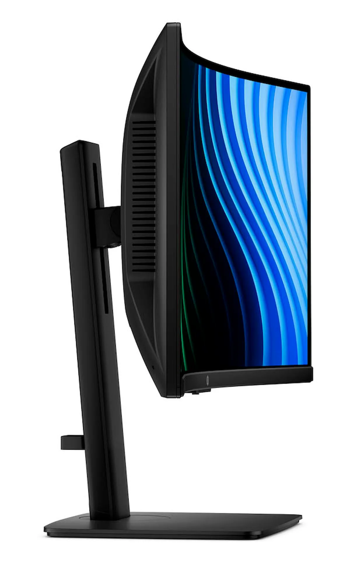 Perfil del monitor curvo de HP con su peana y el soporte vertical