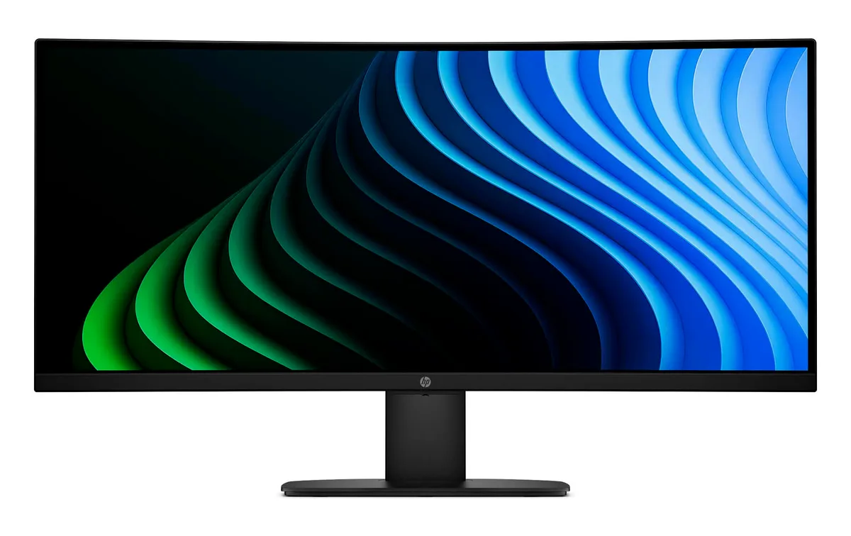 Vista frontal del monitor HP Series 3 Pro ultrapanorámico y curvo, con fondo de ondas azules y verdes
