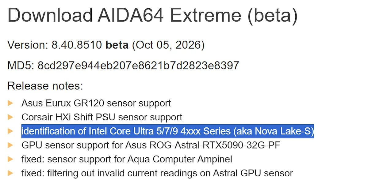 Intel Nova Lake-S — AIDA64 beta adds Intel Core Ultra 4000 support for Nova Lake-S