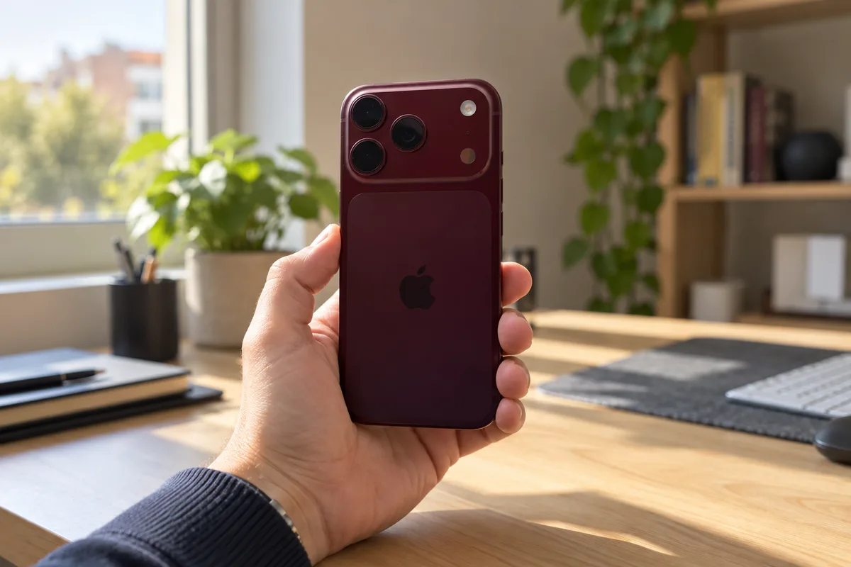 Parte trasera de un iPhone burdeos con sistema de triple cámara