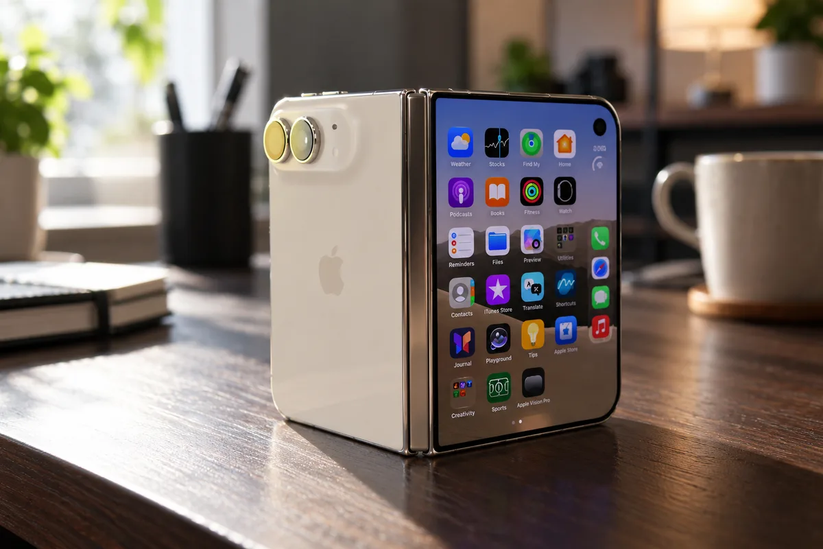 iPhone plegable abierto, mostrando su pantalla principal y cámaras traseras