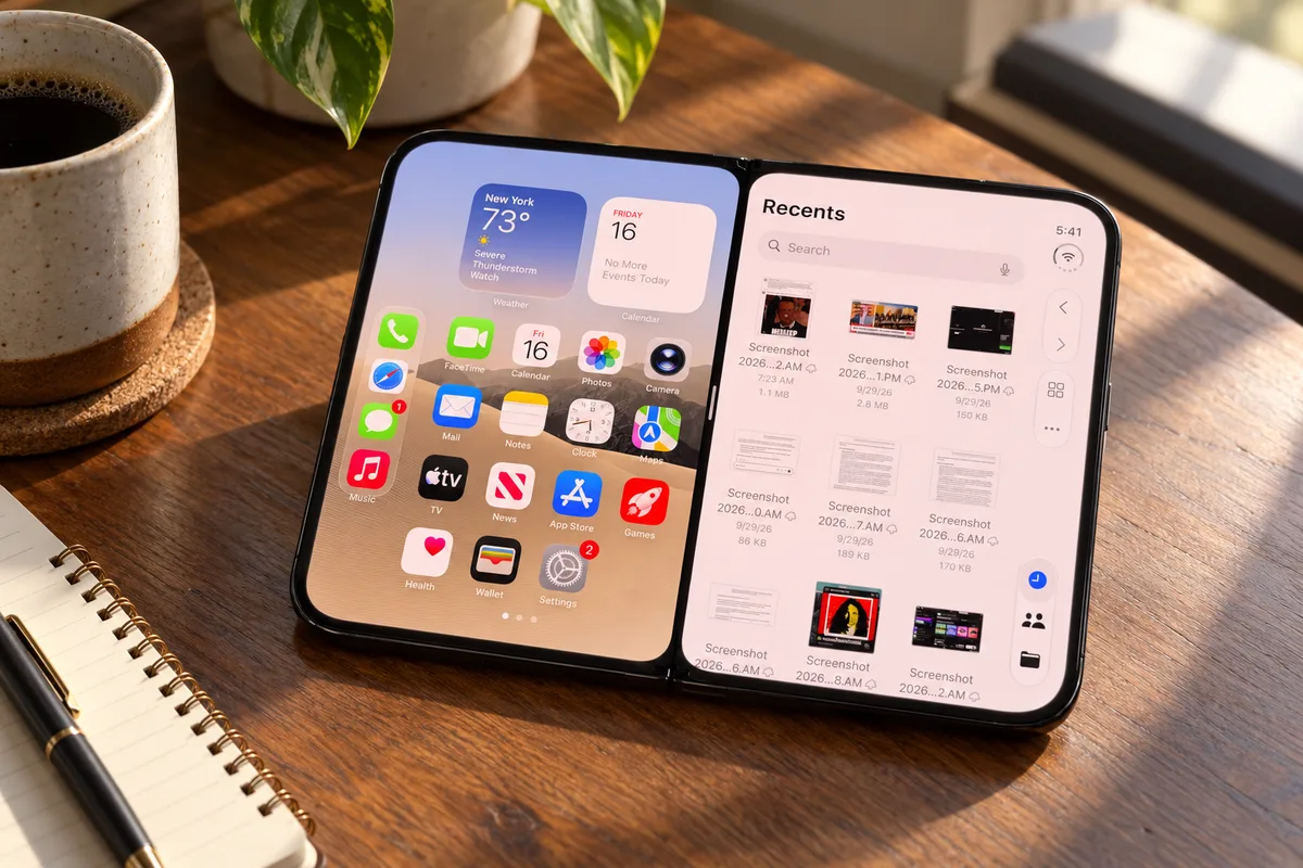 iPhone plegable mostrando pantalla de inicio y archivos recientes