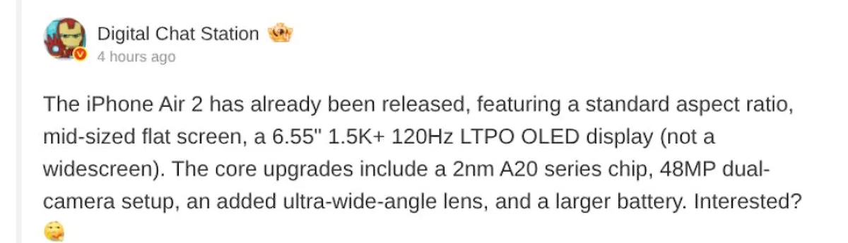 iPhone Air 2 Specs Leak