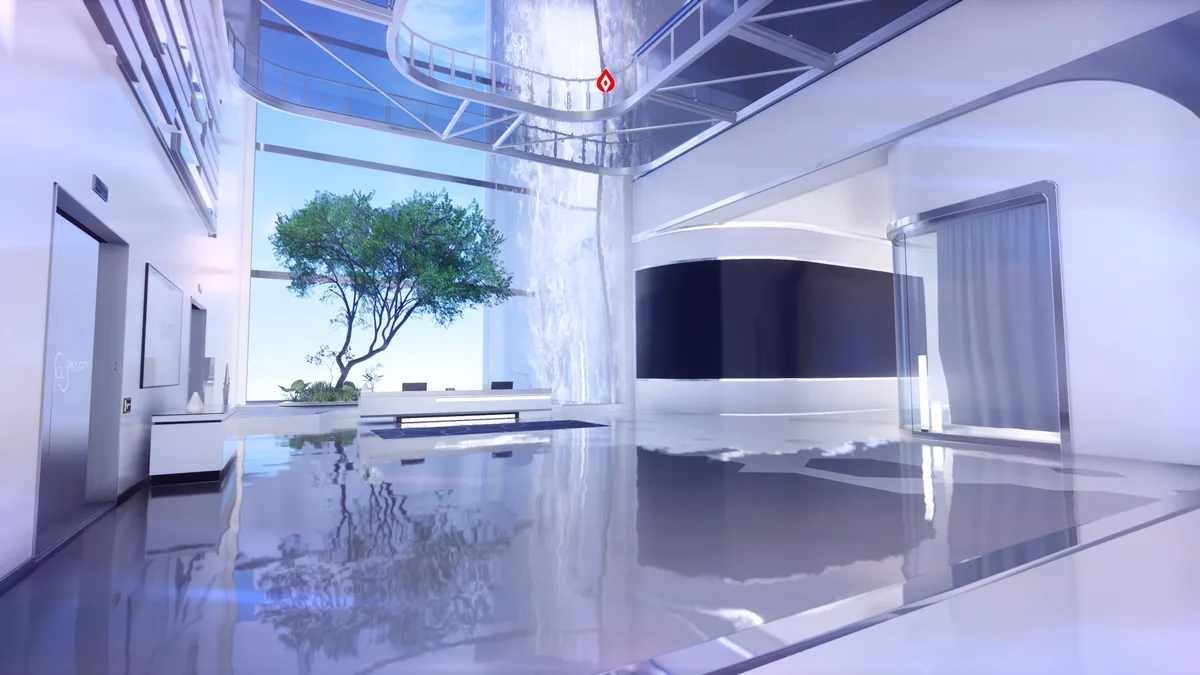 In the image: A gameplay screenshot from Mirror's Edge Catalyst.