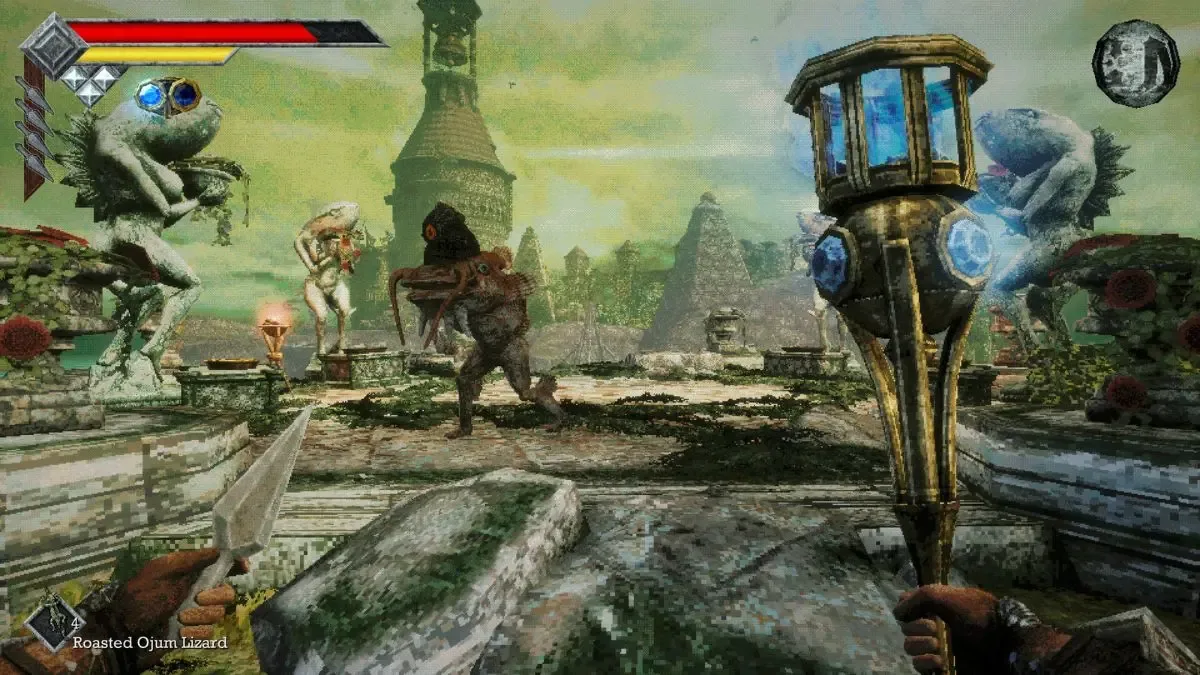 Combate en primera persona contra una criatura en Queen's Domain, entre ruinas, estatuas y juegos Nintendo Switch para Halloween