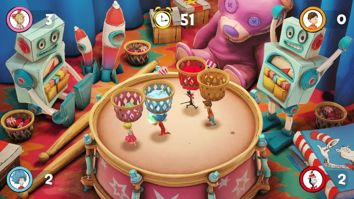 Minijuego multijugador de The Cat in the Hat: Rainy Day Mayhem con cestas en la cabeza sobre un tambor gigante