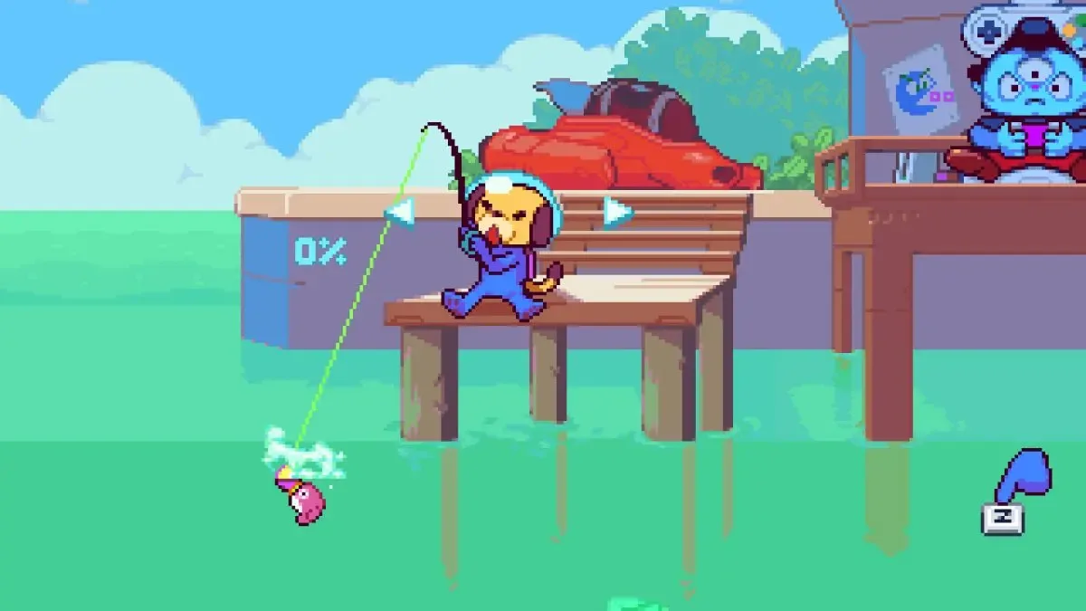 Un perro astronauta pescando sentado en un muelle en Goodboy Galaxy, en estilo pixel art