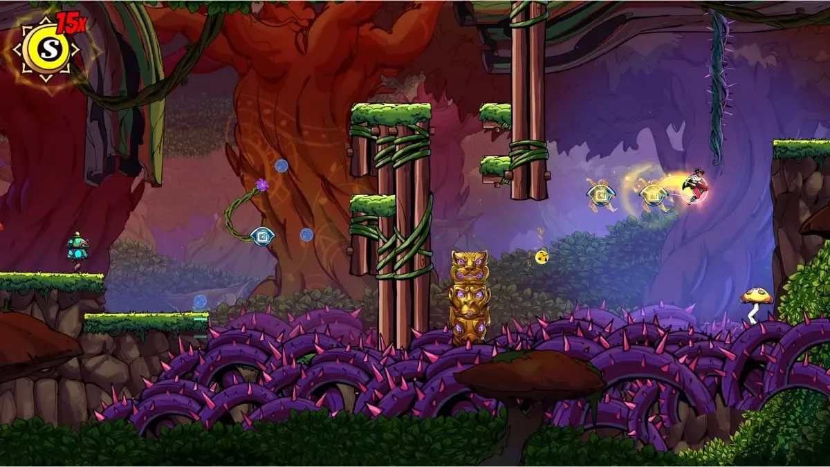 Personaje saltando entre plataformas y espinos en un bosque de colores intensos en Suri: The Seventh Note