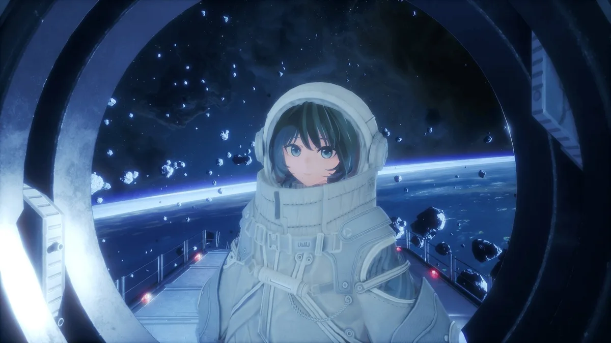 Laica Steam — Laica con traje espacial junto a una escotilla de la estación