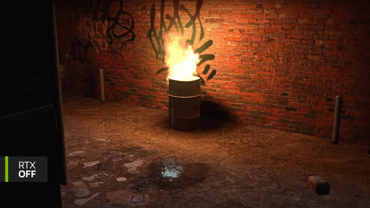 Barril en llamas que ilumina un callejón de ladrillo con grafitis en Left 4 Dead RTX, con RTX desactivado