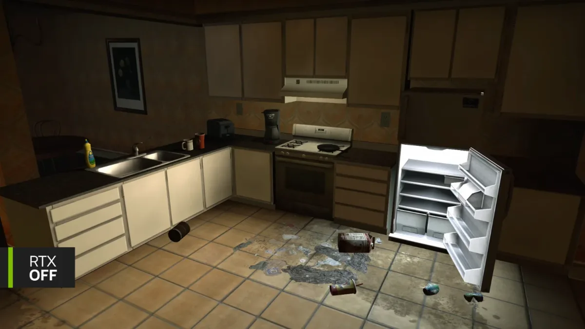 Cocina oscura y desordenada del juego con nevera abierta muy iluminada y RTX desactivado