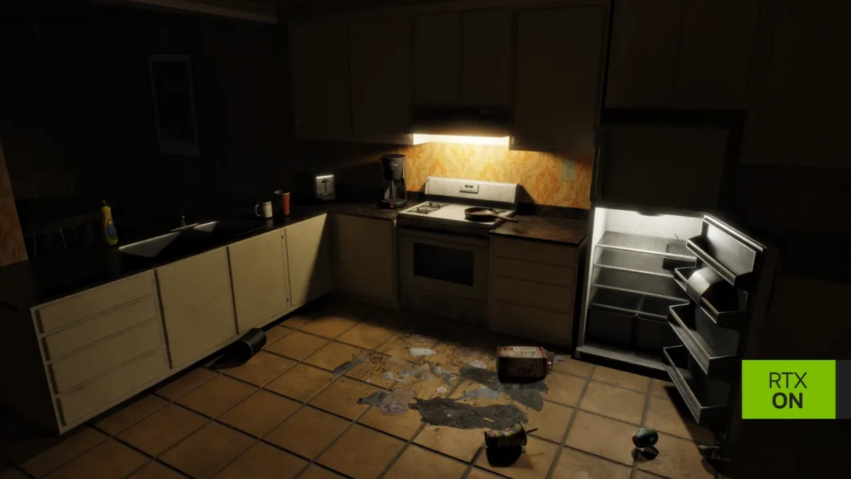 Cocina oscura con fogón encendido, nevera abierta y escombros en el suelo, con RTX activado