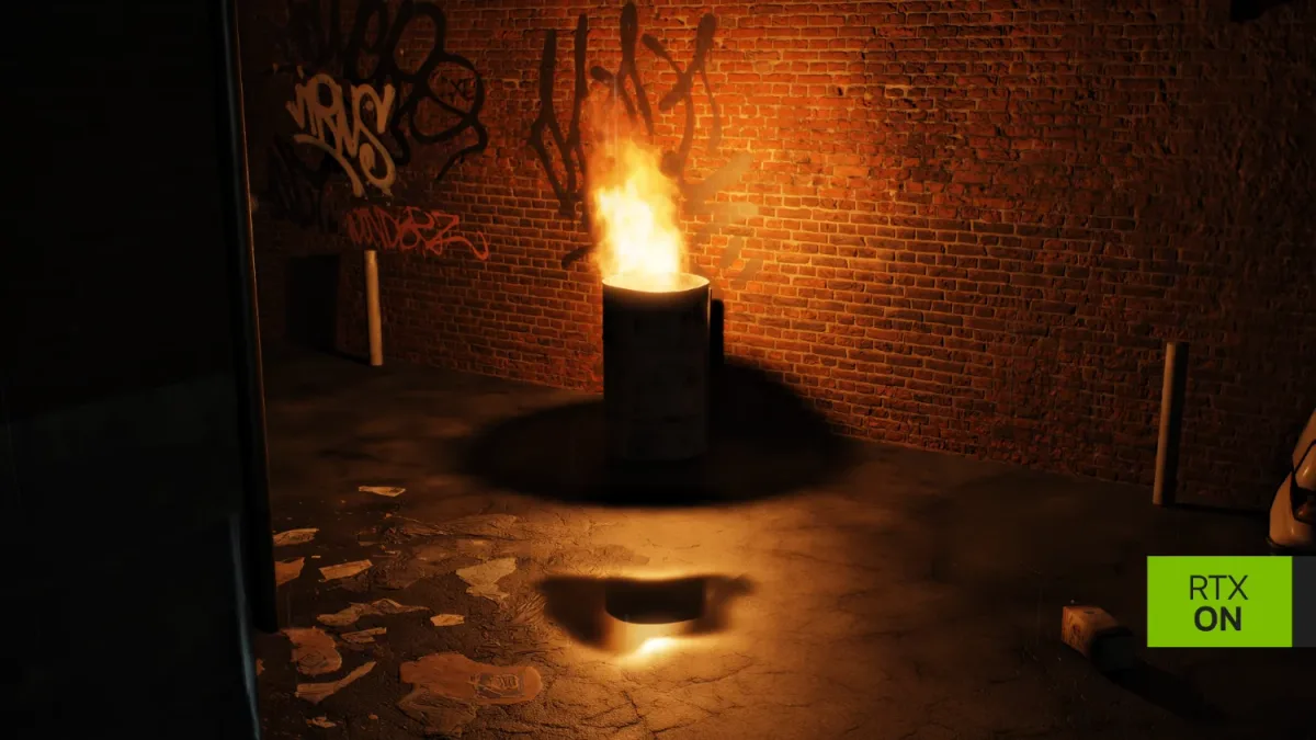 Escena de Left 4 Dead RTX con barril en llamas reflejado en un charco y RTX activado