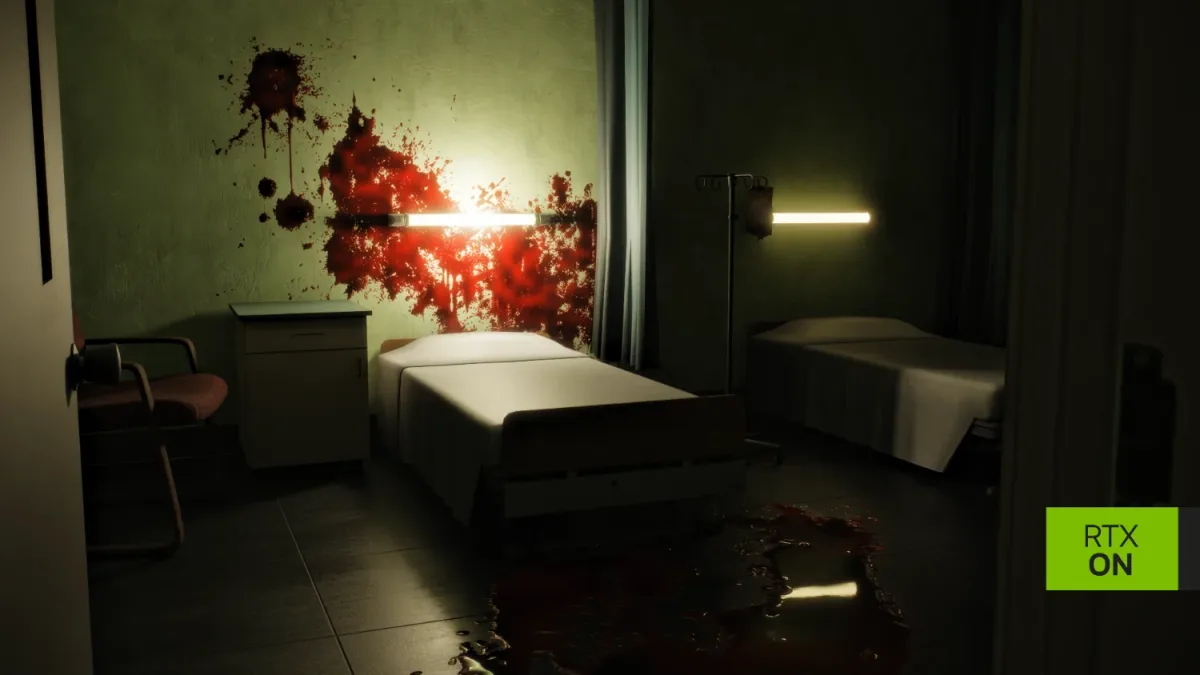 Habitación de hospital en Left 4 Dead RTX con dos camas, paredes con sangre y luz reflejada en un charco
