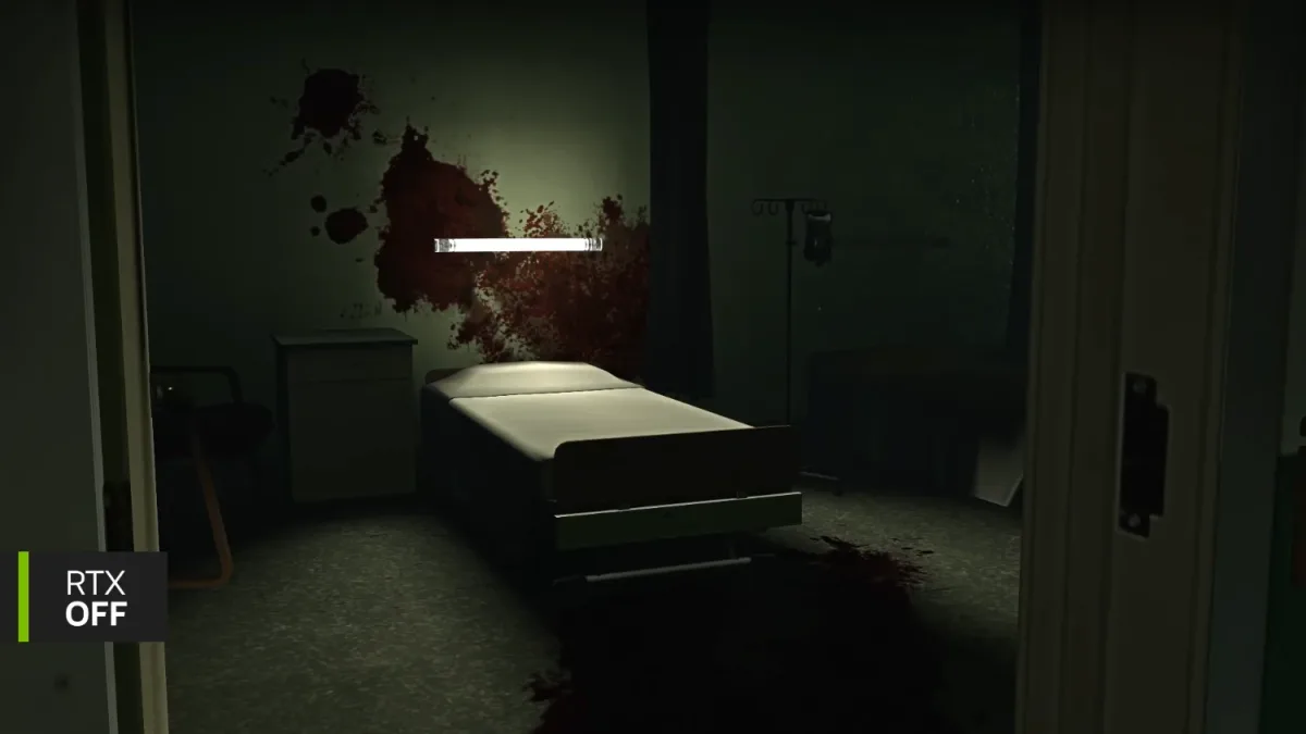 Habitación de hospital oscura y manchada de sangre, con cama y equipo médico, con RTX desactivado