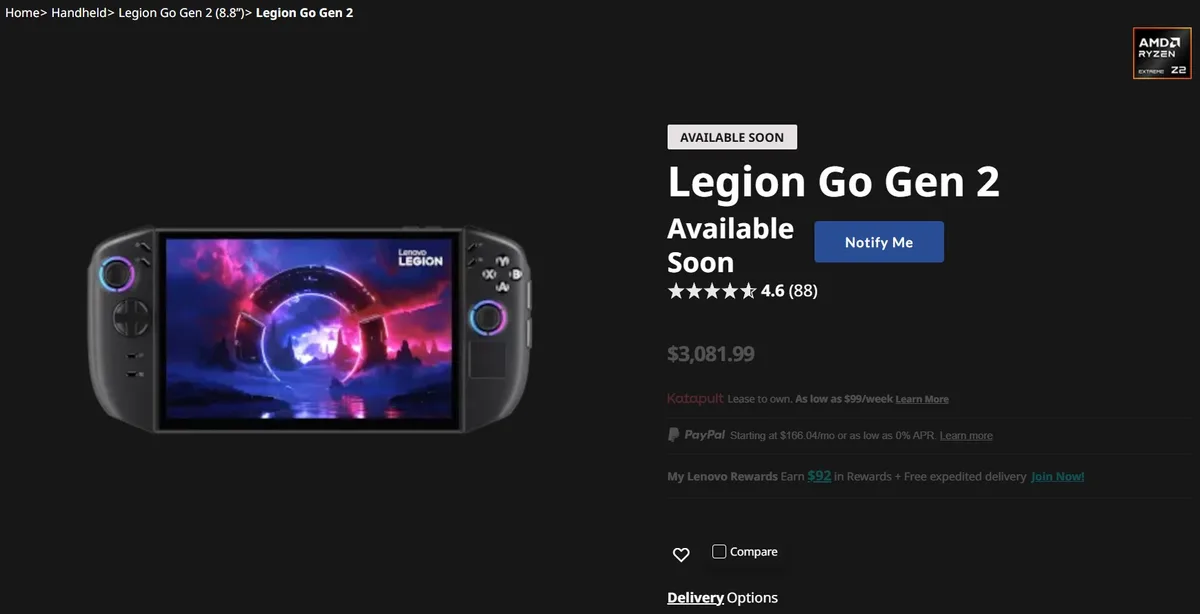 Ficha de la Legion Go 2 con su precio en la tienda web de Lenovo