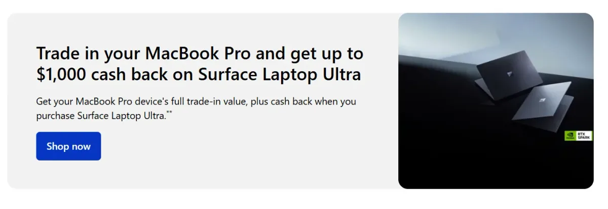 Banner de la promoción de Microsoft para canjear un MacBook Pro por un Surface Laptop Ultra