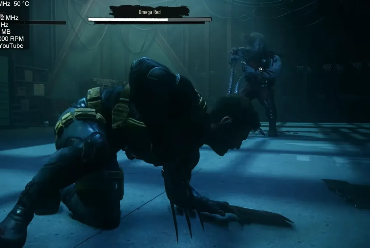 Wolverine agachado con las garras fuera ante Omega Red en Marvel's Wolverine PC con el emulador KytyPS5