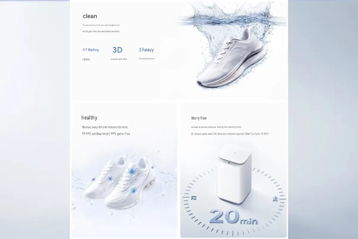 Gráfico promocional de la Mijia Shoe Washer 3KG con sus funciones, rendimiento de limpieza y ciclo de lavado rápido