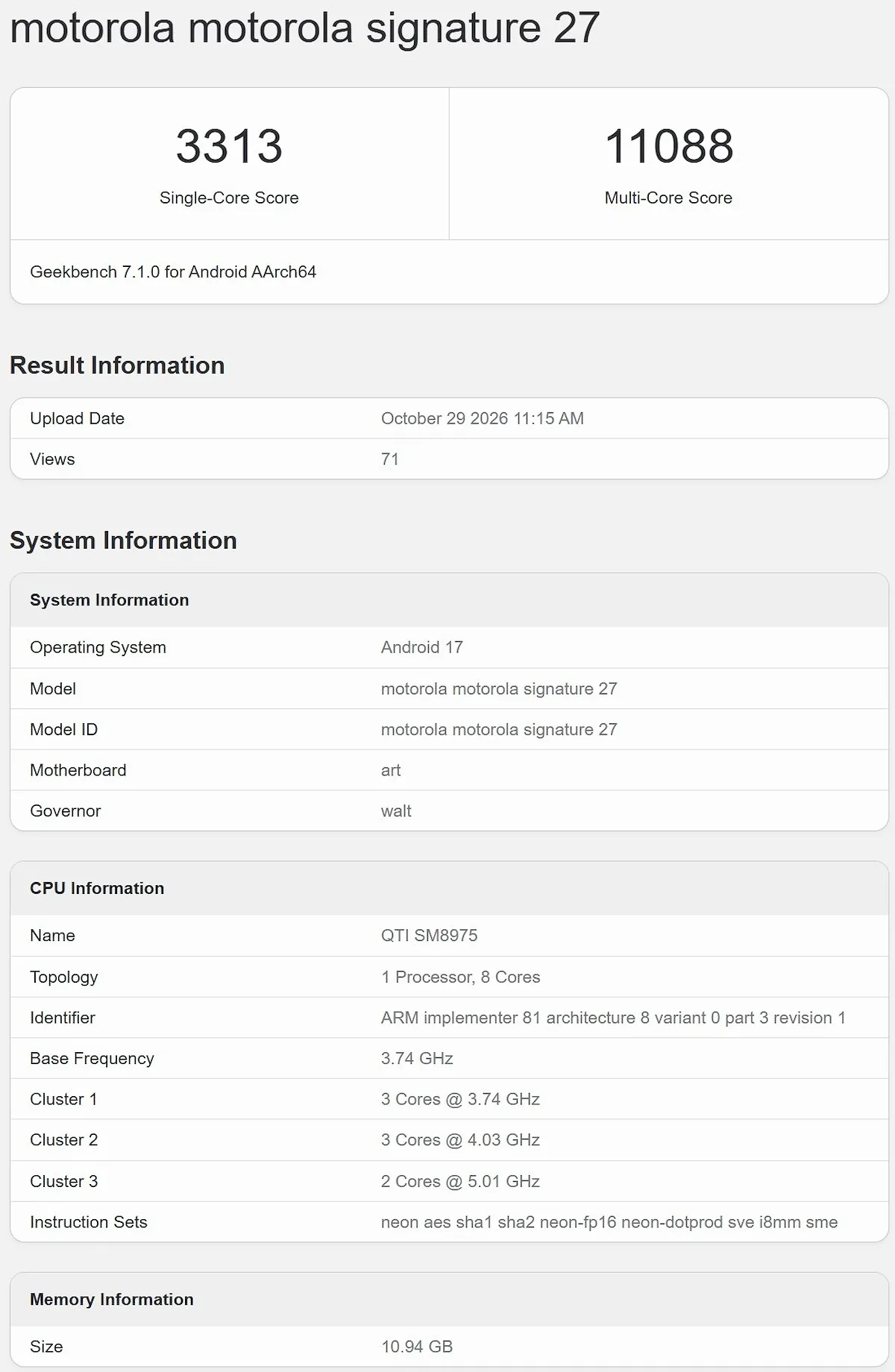 Resultado en Geekbench del Motorola Signature 27: 3313 puntos en monohilo y 11088 en multihilo
