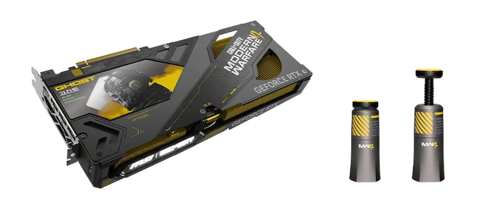 Gráfica GeForce RTX temática de Call of Duty con bombas de presión y la marca MW