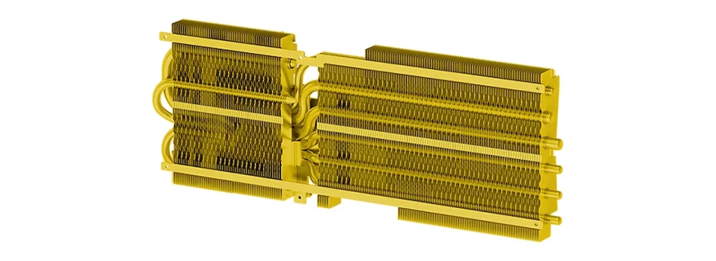 Render en 3D de un disipador dorado con múltiples heatpipes y aletas para la MSI RTX 5080