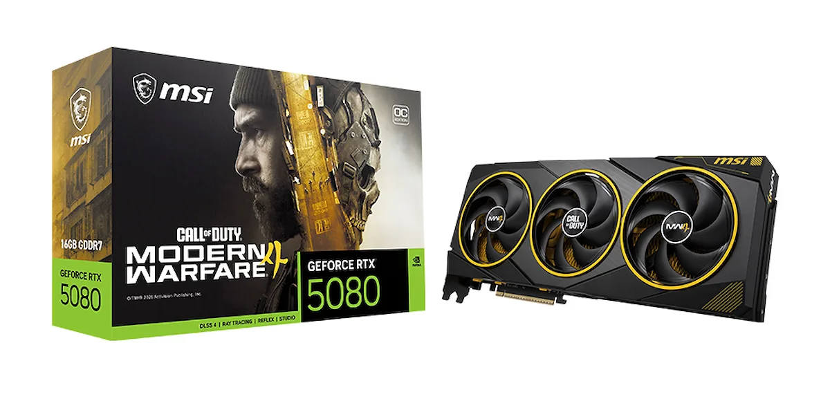 Tarjeta gráfica MSI GeForce RTX 5080 con triple ventilador junto a su caja de edición Call of Duty