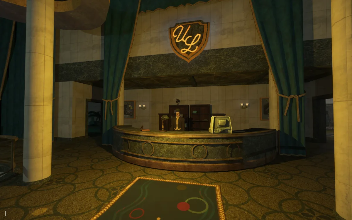 Vestíbulo de Fallout: New Vegas con un robot de la NCR en un mostrador de recepción bajo un logotipo