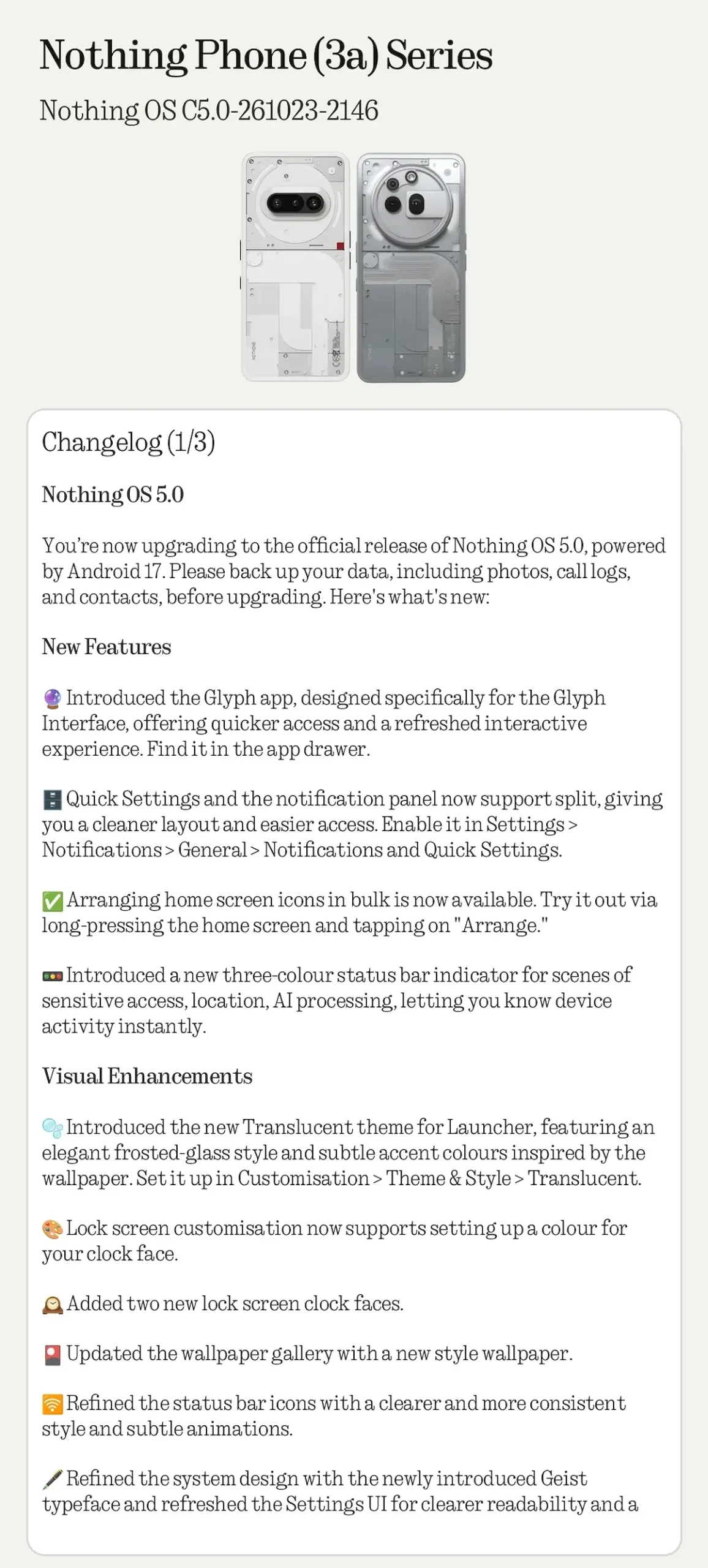 Nothing Phone 3a Android 17 stable update changelog 1