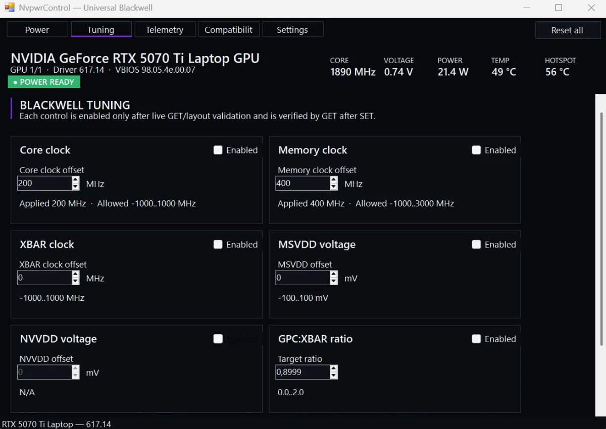 NvpwrControl RTX 50 Laptop — NvpwrControl expands RTX 50 Laptop GPU support, power tuning now runs in user mode
