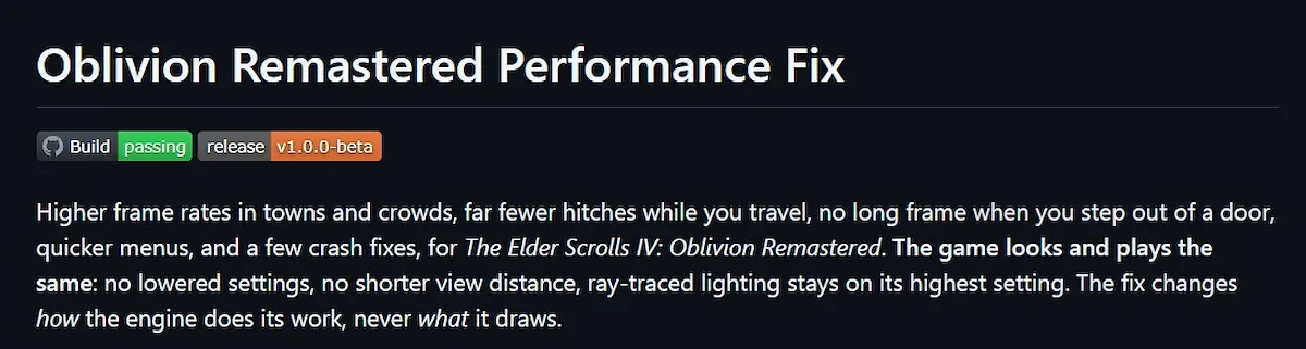 Captura del Oblivion Remastered Performance Fix con insignias de compilación correcta y versión beta 1.0.0 del mod