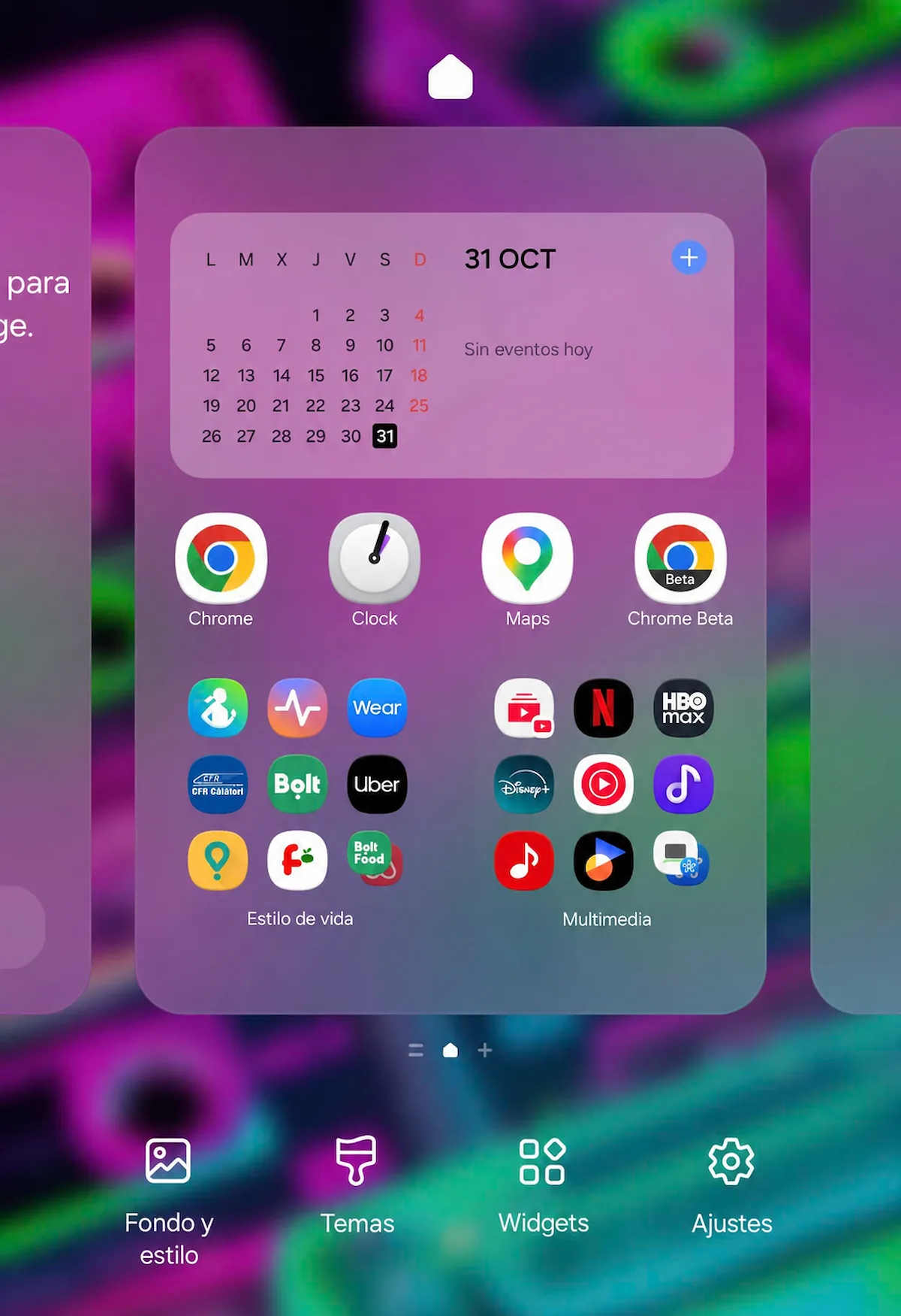 Modo edición de la pantalla de inicio de One UI en un Galaxy, con widget de calendario, apps y carpetas